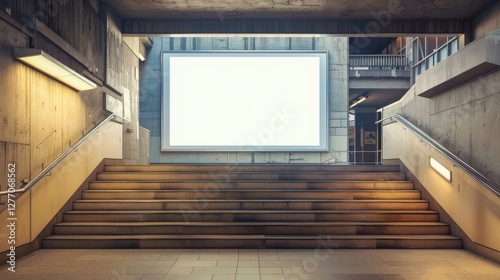 gallery interior with empty frame, white screen frame on the wall of stairs in station