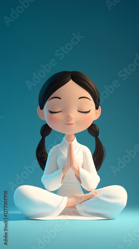 A cartoon-style girl meditating in the lotus position
