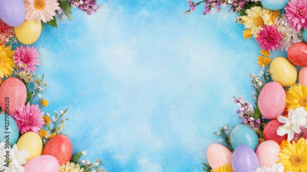 Fototapeta premium Pastel Easter Eggs and Spring Flowers Border