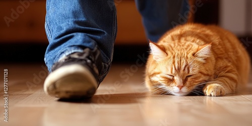 man tripping over cat sleeping - photo