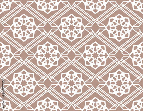 Geometric pattern, intricate design, symmetrical shapes, brown and white color scheme, modern aesthetic, repetitive motif, decorative element, stylish background, artistic texture, contemporary look