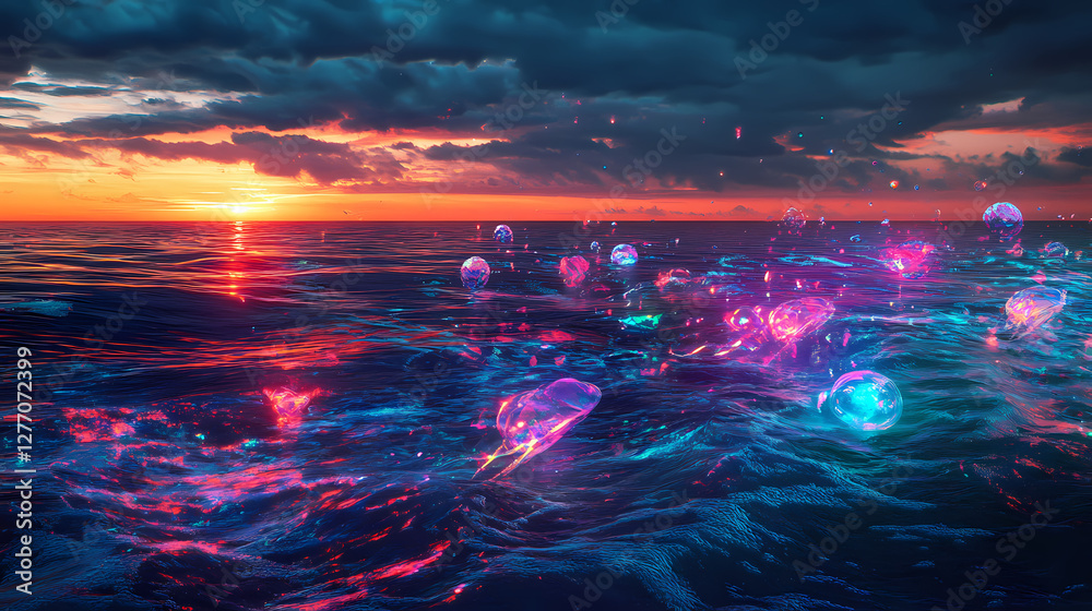 Fototapeta premium Ocean shoreline with glowing holographic sea creatures, vast horizon, surreal lighting, futuristic vibe, dynamic colors, wide-angle view. Surreal Holographic Ocean. Illustration