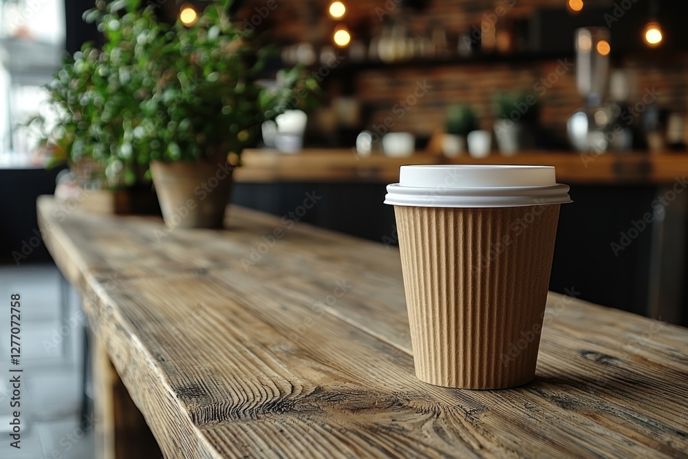 A disposable coffee cup sits on a rustic wooden counter in a cafe. A disposable coffee cup sits on a rustic wooden counter in a cafe.