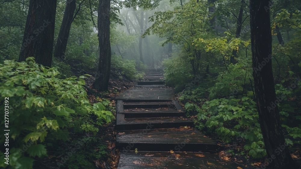 Misty forest path with stone steps leading into the fog.