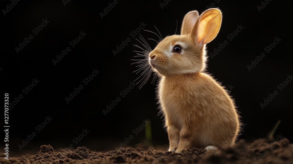 Fototapeta premium A light brown rabbit with big ears and bright blue eyes is sitting in the dirt