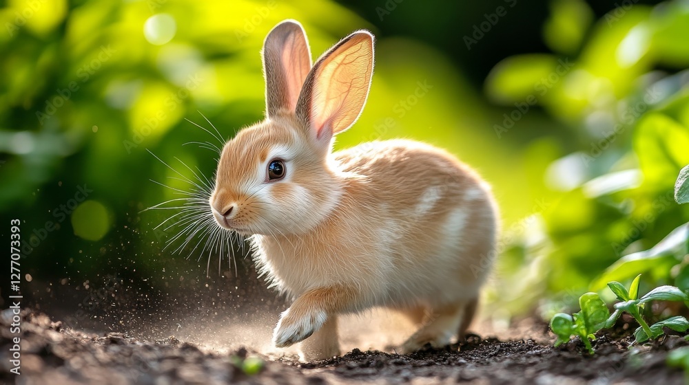 Fototapeta premium A brown-furred rabbit, featuring white whiskers and a pink nose, is racing through a green grassy field