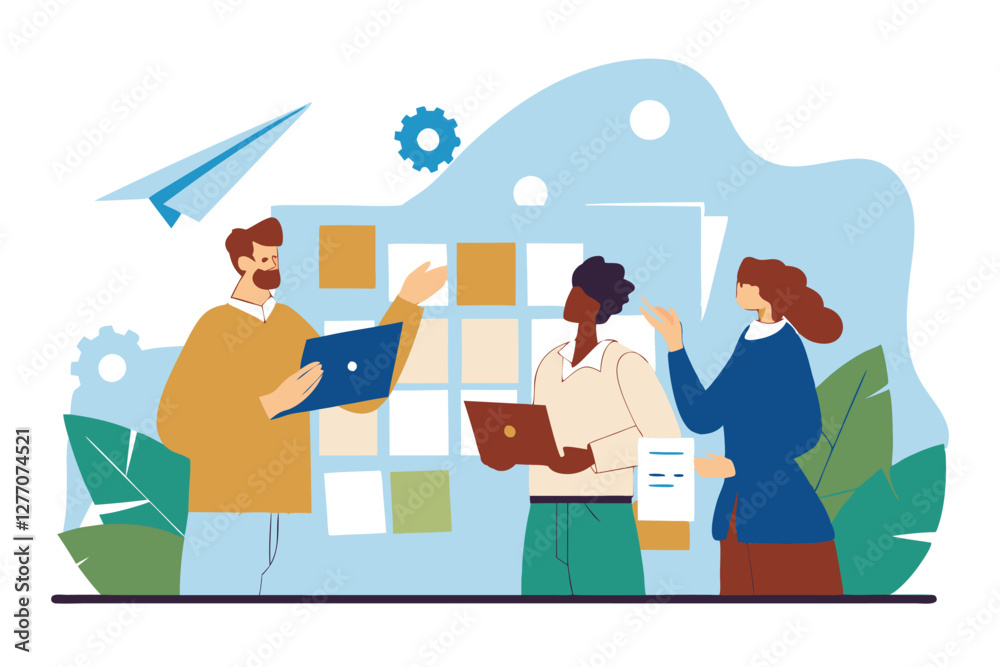 Modern business team collaboration, diverse professionals brainstorming in an office environment. Modern business team collaboration, diverse professionals brainstorming in an office environment.