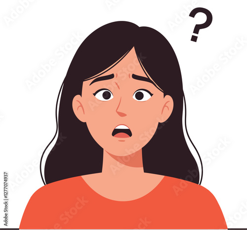 Concerned woman with long dark hair wearing an orange shirt in a flat style vector illustration expressing confusion and uncertainty with a question mark above her head