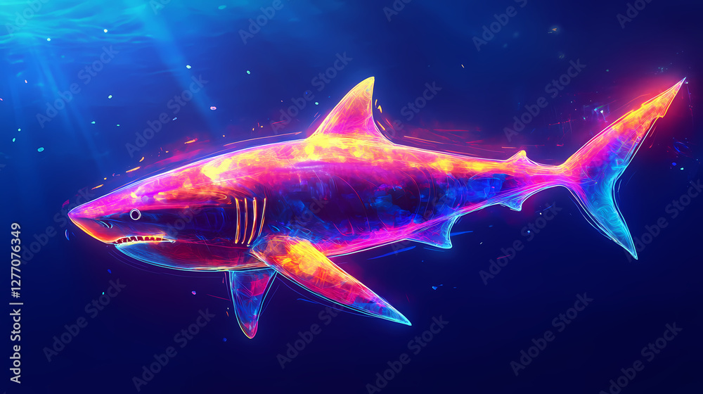 Naklejka premium A digitally rendered holographic shark illuminated in a luminous neon aura. Surreal Holographic Ocean. Illustration
