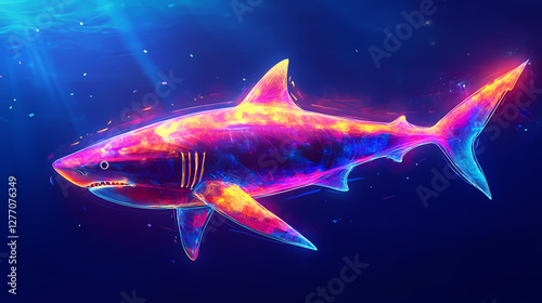 A digitally rendered holographic shark illuminated in a luminous neon aura. Surreal Holographic Ocean. Illustration