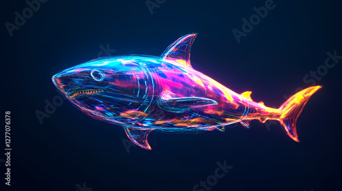 A digitally rendered holographic shark illuminated in a luminous neon aura. Surreal Holographic Ocean. Illustration