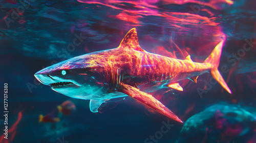 A digitally rendered holographic shark illuminated in a luminous neon aura. Surreal Holographic Ocean. Illustration