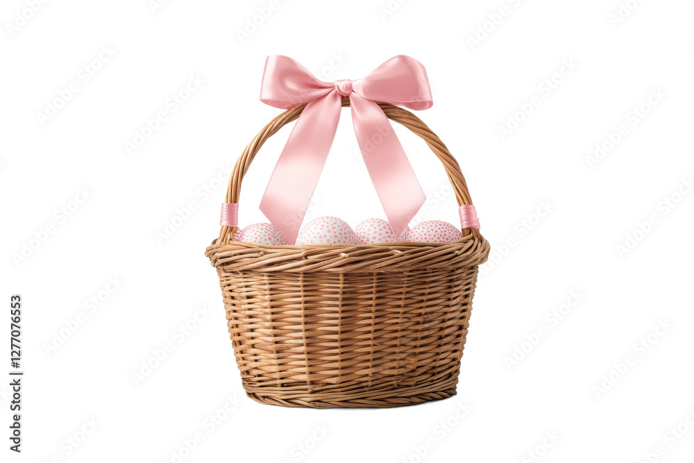 Elegant basket with decorative eggs and ribbon Elegant basket with decorative eggs and ribbon