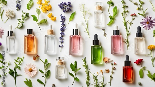 white background, customizable fragrance bottles, different scents, mix and match, personalized perfume, product photography