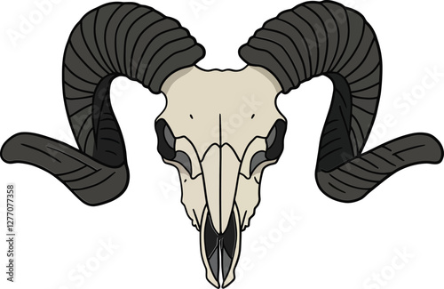 A detailed ram skull with curved horns in flat design style, showcasing intricate features and a minimalist aesthetic in vector art