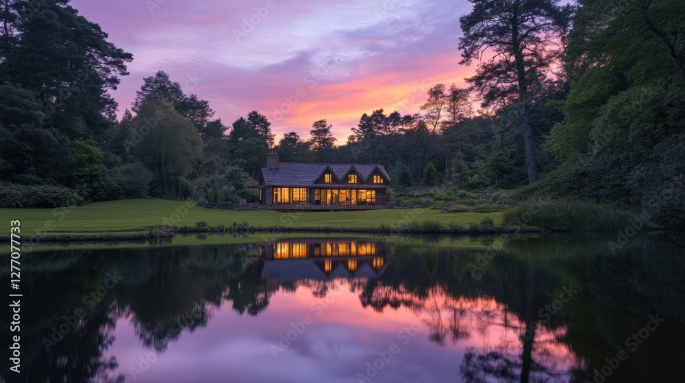 Obraz premium Beautiful House at Sunset by the Lake with Stunning Reflections