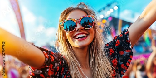 woman having fun at summer music festival 