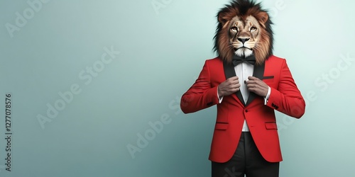 bold pop art lion sharp tuxedo smirking adjusting bow tie stylish