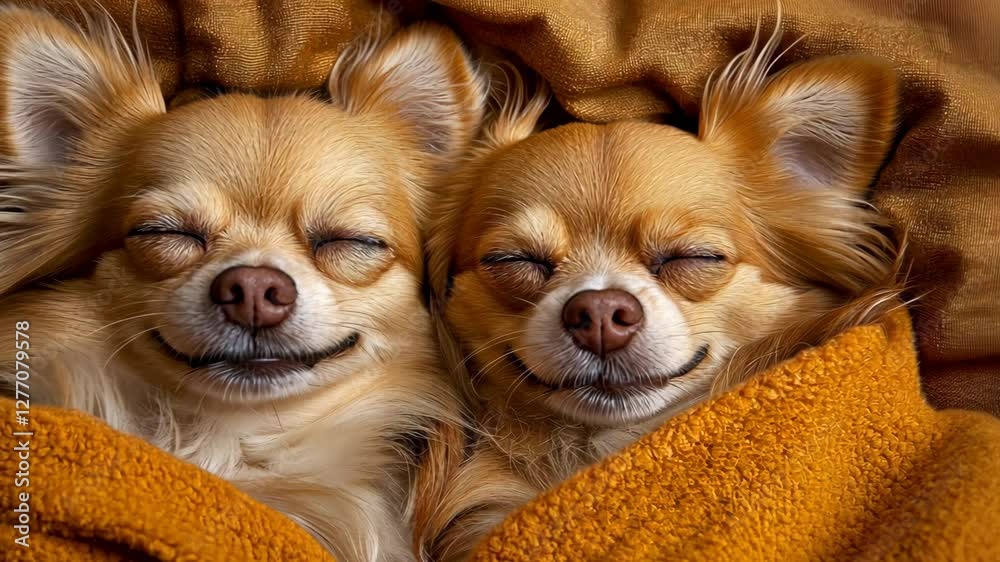 Two content chihuahuas snuggled together in a cozy blanket on a chilly evening Two content chihuahuas snuggled together in a cozy blanket on a chilly evening
