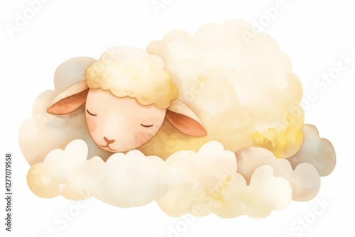 sheep Sleeping in cloud watercolor cartoon illustration isolated on white background photo