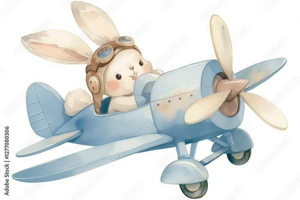 Fototapeta premium watercolor Cute rabbit flying a blue plane in the sky illustration on white