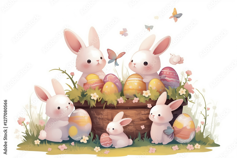 Obraz premium Watercolor Happy Easter baby bunnies design with spring blossom flower. Rabbit bunny kids illustration isolated. cartoon forest hare animal bunny holiday funny decoration. Nursery poster design