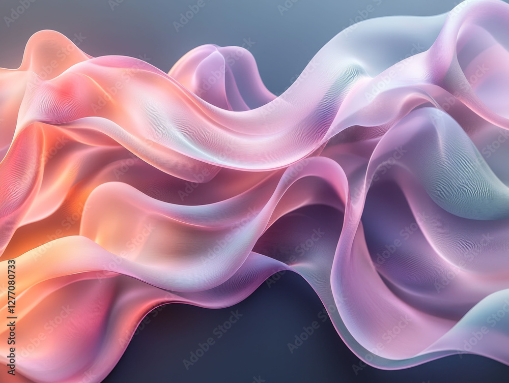 Obraz premium Abstract 3D waves, smooth satin or silk fabric, with flowing curves. Ethereal atmosphere, soft textures with dynamic lines. Concept for creative, artistic