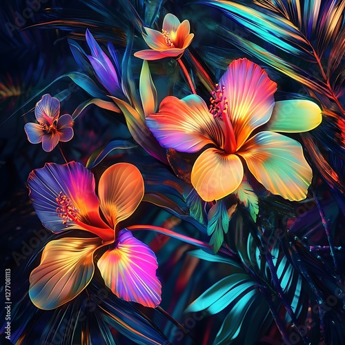 Colorful neon flowers lighting up the dreamy night