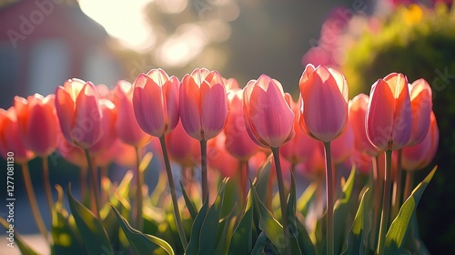 Pink tulips in sunlight, garden setting, blurred background photo