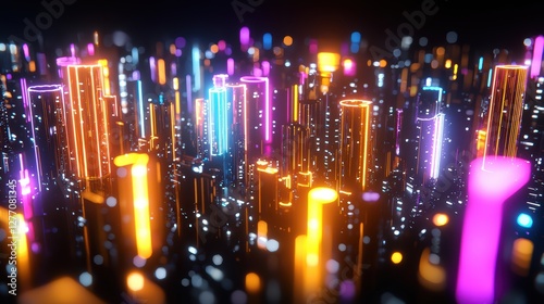 Futuristic neon cityscape with vibrant glowing skyscrapers at night
