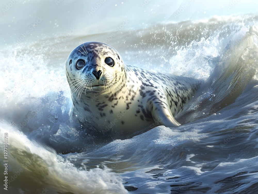 Obraz premium A playful seal diving in the waves of the sea