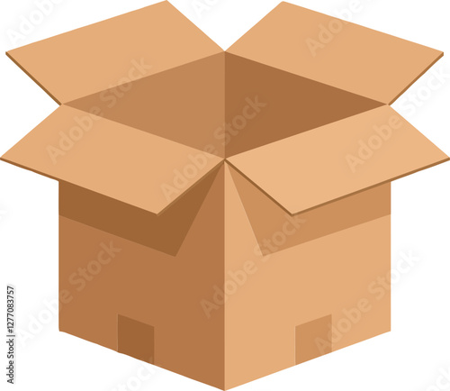Open cardboard box with angled flaps showcasing a flat design in warm colors, symbolizing storage and organization in vector art