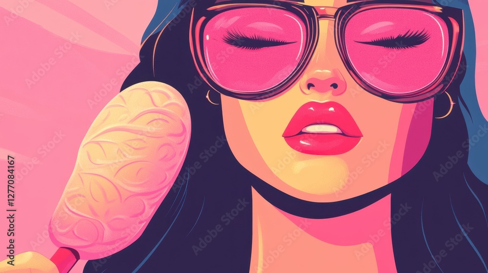 A woman wearing sunglasses enjoys a pink ice cream on a sunny day, showcasing a moment of leisure and delight in a vibrant setting. A woman wearing sunglasses enjoys a pink ice cream on a sunny day, showcasing a moment of leisure and delight in a vibrant setting.