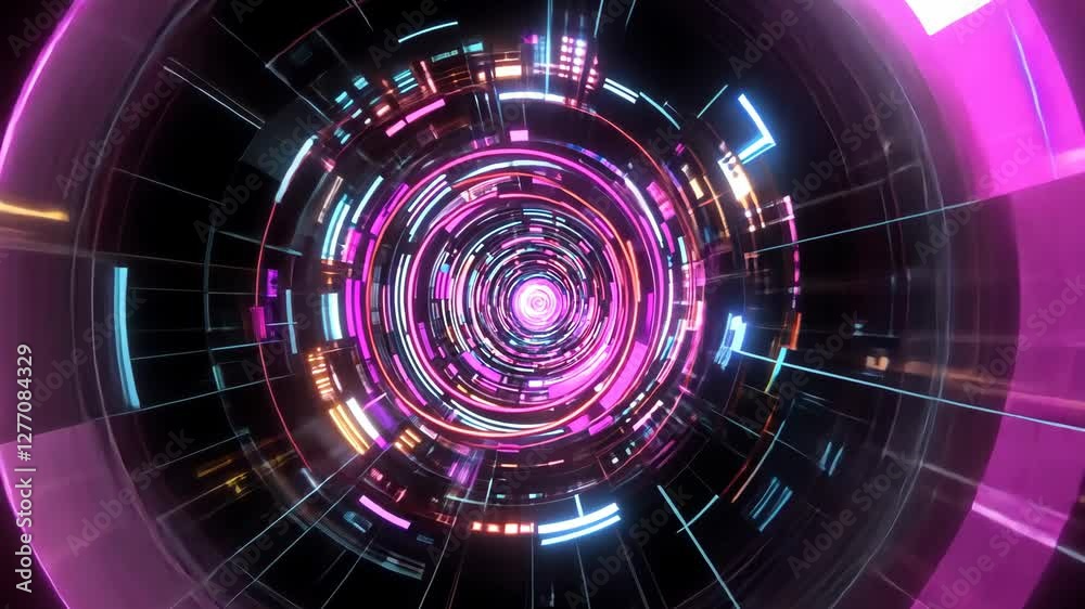 Vibrant futuristic tunnel with glowing neon elements and dynamic motion effects creating a digital ambiance