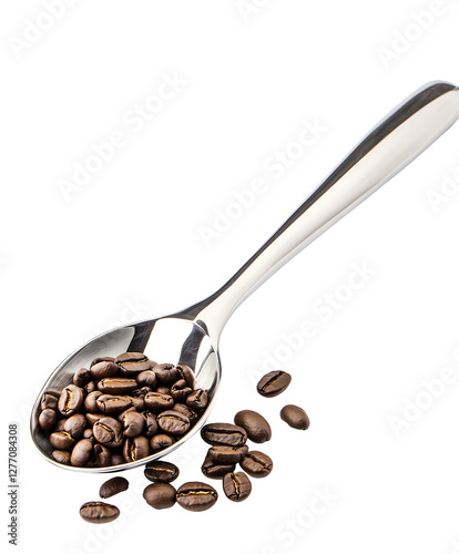 Stainless steel spoon with coffee beans, creating a rich coffee theme. Isolated on transparent white background, png