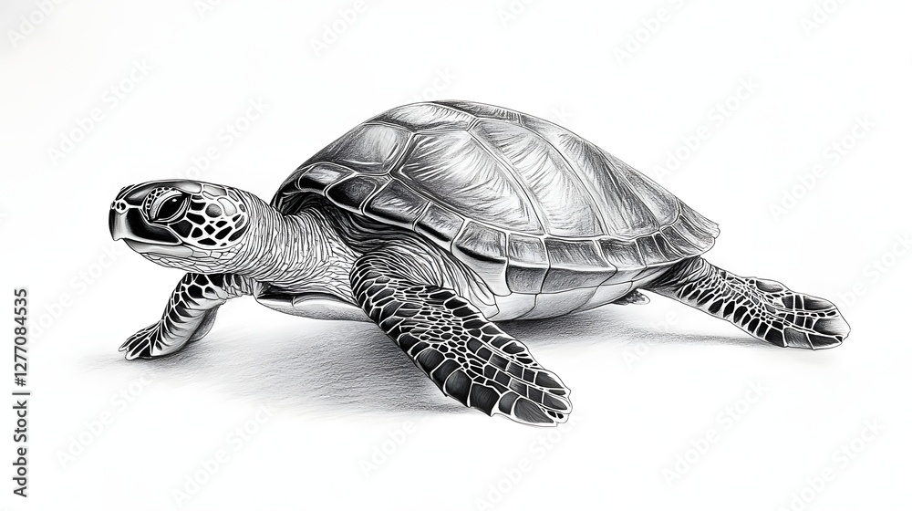 Fototapeta premium Detailed pencil drawing of a sea turtle showing textured shell and flippers on a white background.