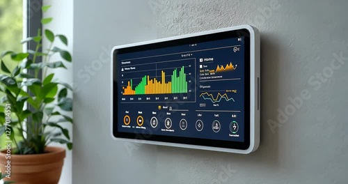 A smart home control panel displays energy consumption data and other information.