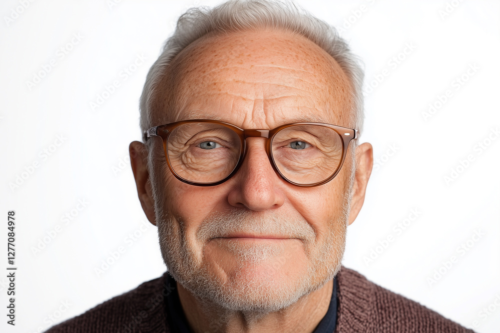 Warm portrait of a senior man with glasses wearing a sweater against a white background Warm portrait of a senior man with glasses wearing a sweater against a white background
