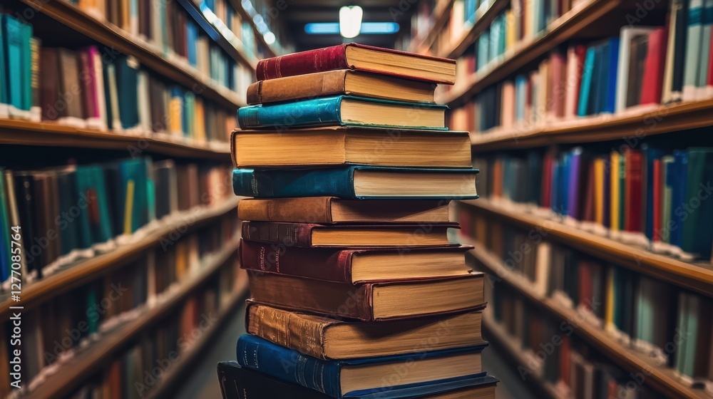 A neatly arranged stack of books in a library, surrounded by numerous books lining the shelves, showcasing a wealth of knowledge and literature. A neatly arranged stack of books in a library, surrounded by numerous books lining the shelves, showcasing a wealth of knowledge and literature.