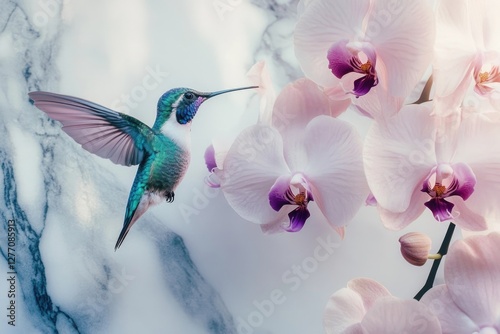 A vibrant hummingbird hovers near delicate pink orchids, creating a serene and beautiful scene.