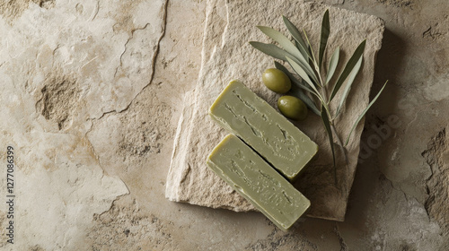 Handmade Olive Oil Soap with Fresh Olives on Rustic Stone