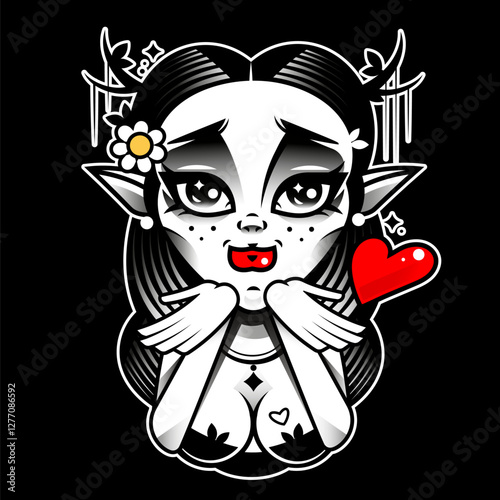 Fairy girl with mandala flowers for coloring book, print on product, laser engraving and so on. Vector illustration