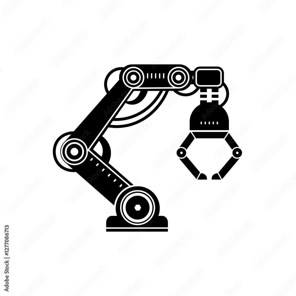 Robotic arm with a blue design holding a cardboard box, representing warehouse automation and logistics in modern industries. Mechanical arm highlights advanced technology. Vector illustration Robotic arm with a blue design holding a cardboard box, representing warehouse automation and logistics in modern industries. Mechanical arm highlights advanced technology. Vector illustration
