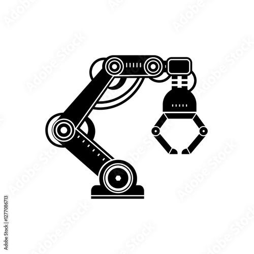 Robotic arm with a blue design holding a cardboard box, representing warehouse automation and logistics in modern industries. Mechanical arm highlights advanced technology. Vector illustration