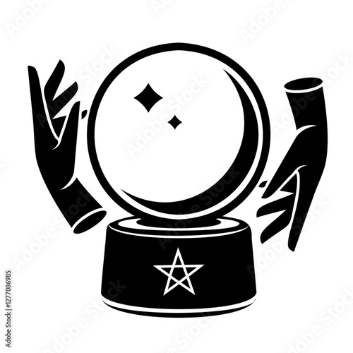 Hand drawn magic crystal ball with crescent moon and stars line art and dot work. Boho chic tattoo, poster or altar veil print design vector illustration
