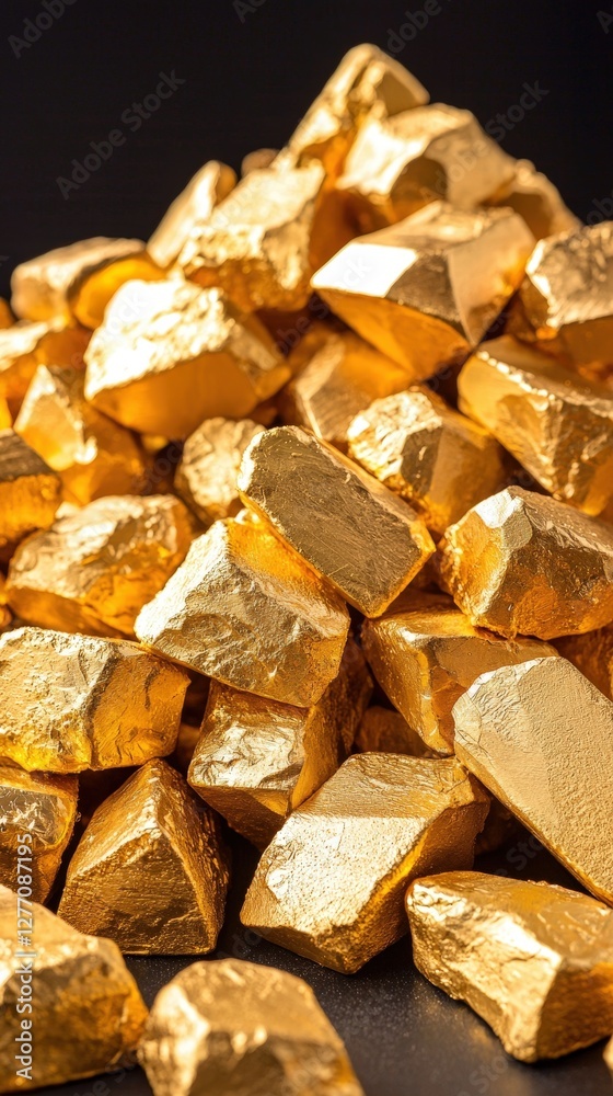 A large pile of gold nuggets on display, showcasing their unique textures and natural beauty A large pile of gold nuggets on display, showcasing their unique textures and natural beauty