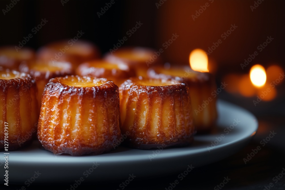 moody, rustic setting featuring a plate of canelés with a perfectly caramelized crust. moody, rustic setting featuring a plate of canelés with a perfectly caramelized crust.
