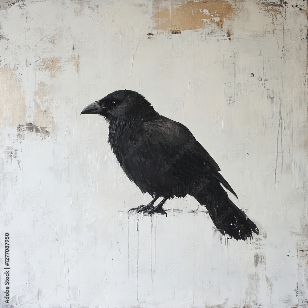 Fototapeta premium A striking black crow isolated on a white background, highlighting its sleek feathers and sharp beak. Perfect for nature, wildlife, and bird-themed content.