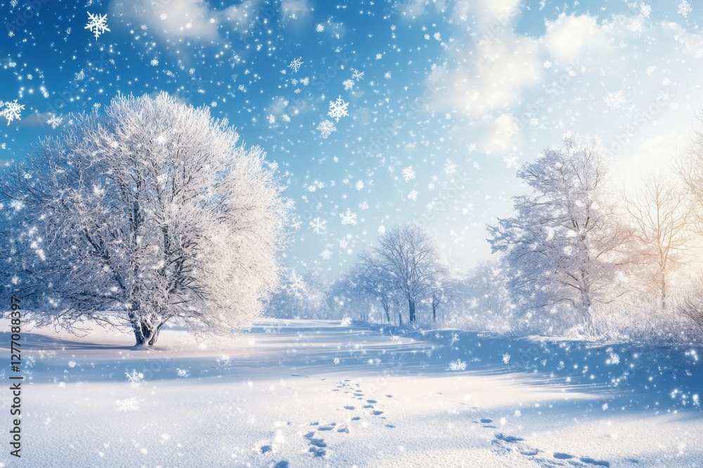 Snowfall blankets a serene winter landscape with tree silhouettes under a bright sky Snowfall blankets a serene winter landscape with tree silhouettes under a bright sky