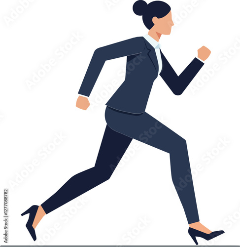 Businesswoman in a dark suit running swiftly with determination in a minimalistic flat design vector art